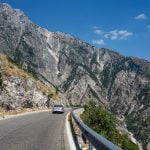 Car driving in Albania on mountain road