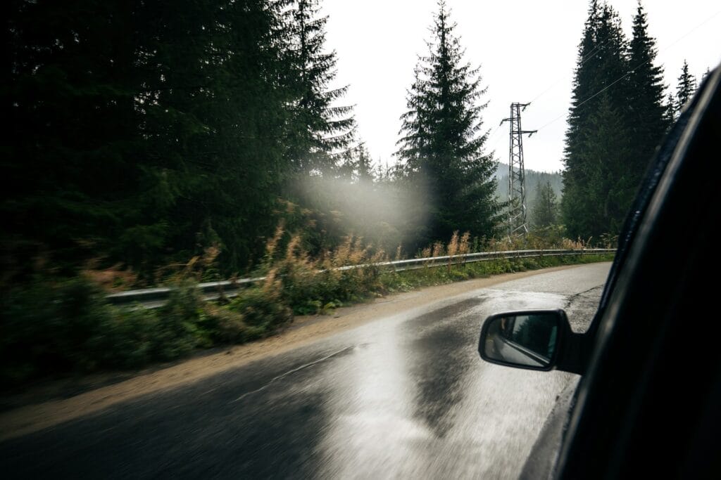 Un'auto che percorre una strada accanto a una foresta